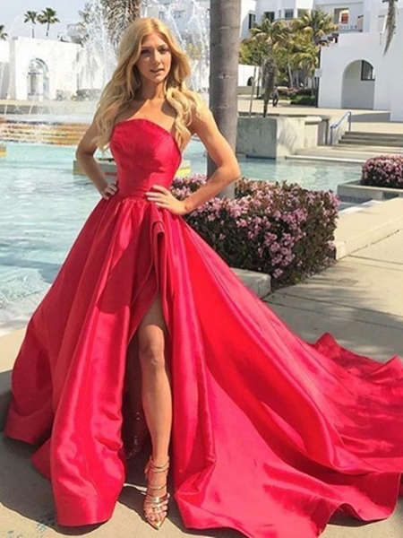 High Low Strapless Red Long Prom Gown, Strapless Red Long Prom Formal Evening Dresses