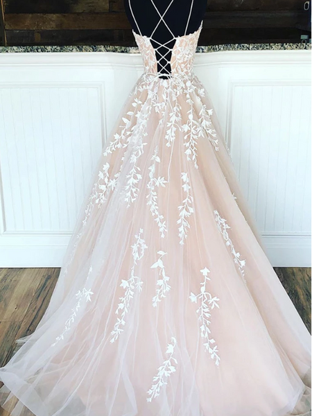 Custom Made Champagne Tulle Lace Long Prom Dress, Champagne Tulle Lace Long Evening Dress