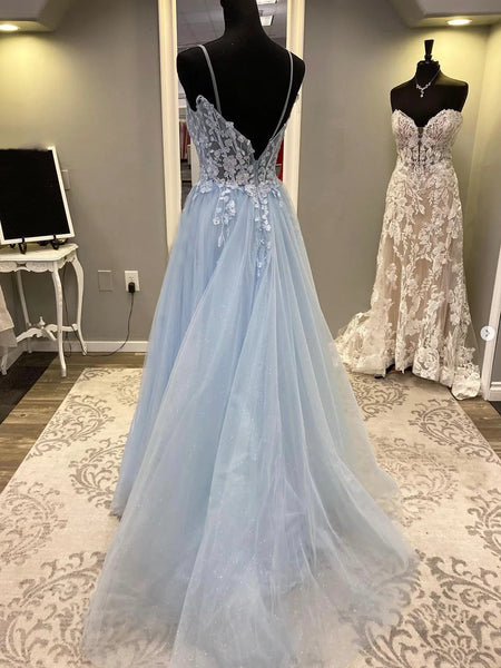 Blue Spaghetti Strap Tulle Lace Long Prom Dress , Lace Blue A-Line Formal  Evening Party Dress