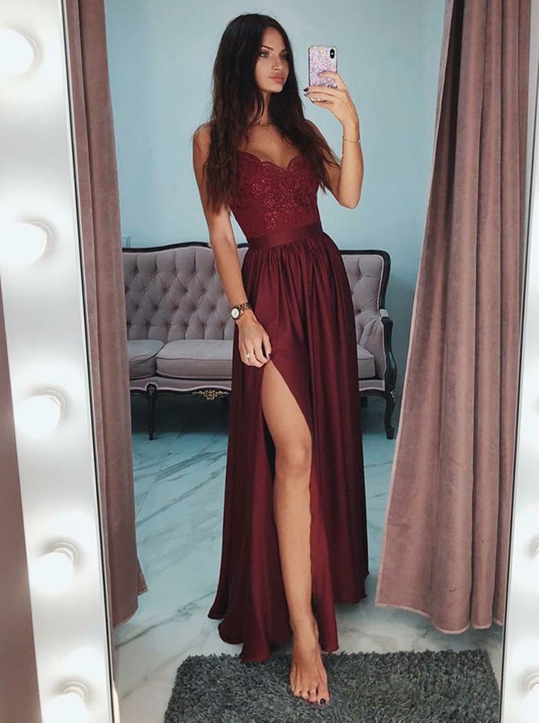 A Line V Neck Burgundy Lace Prom Dresses with Side Slit, Burgundy Lace Spaghetti Straps Graduation Dresses, Burgundy Lace Formal Dresses A Line V Neck Burgundy Lace Prom Dresses with Side Slit, Burgundy Lace Spaghetti Straps Graduation Dresses, Burgundy Lace Formal Dresses