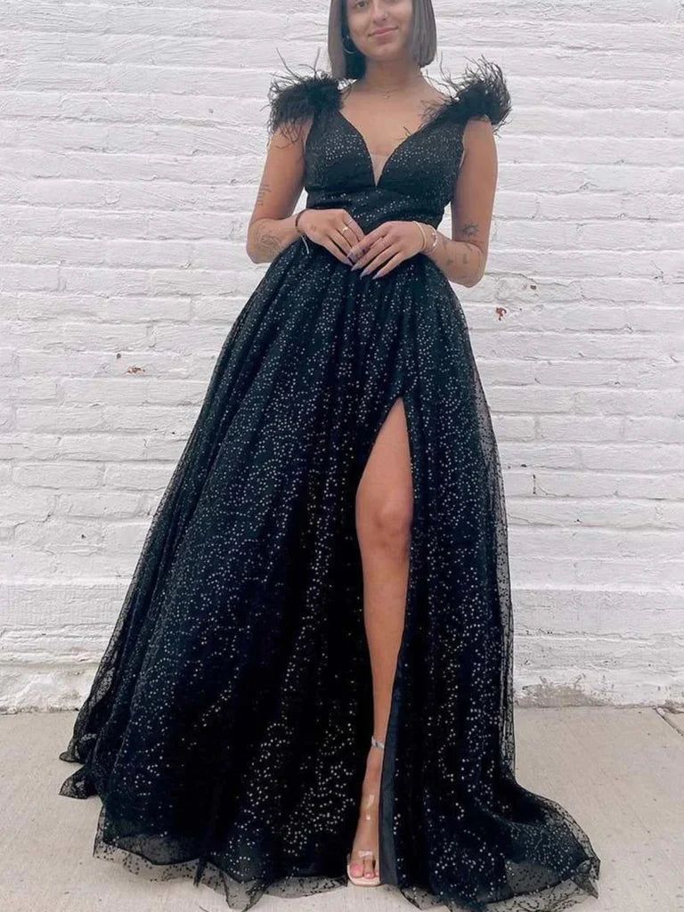 Shiny Tulle A Line V Neck Pink/Black/Purple Long Prom Dresses with Hig morievent Shiny Tulle A Line V Neck Pink/Black/Purple Long Prom Dresses with Hig morievent