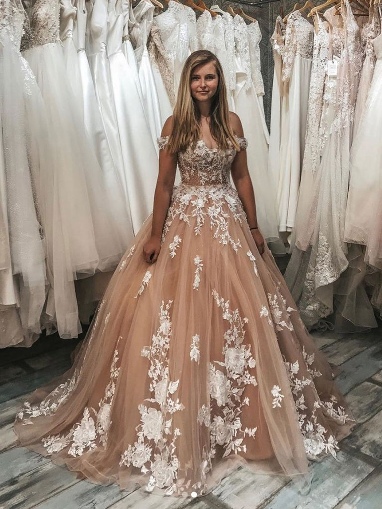 Stylish Off Shoulder Champagne Tulle Lace Long Prom Dress, Off Shoulde morievent Stylish Off Shoulder Champagne Tulle Lace Long Prom Dress, Off Shoulde morievent