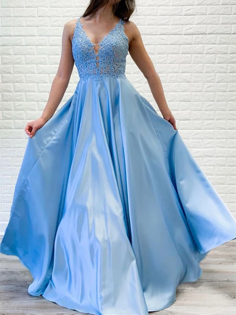A Line V Neck Blue Lace Long Prom Dresses, A Line V Neck Blue Lace Long Formal Evening Dresses