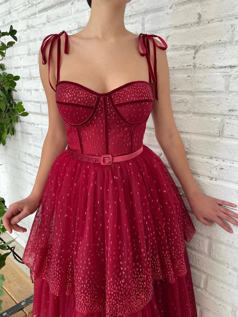 Pretty Sweetheart Neck Burgundy Layered Tea Length Prom Dresses, Burgu morievent Pretty Sweetheart Neck Burgundy Layered Tea Length Prom Dresses, Burgu morievent