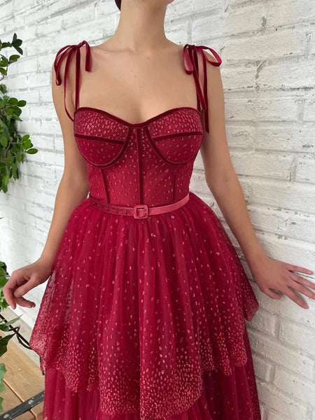 Pretty Sweetheart Neck Burgundy Layered Tea Length Prom Dresses, Burgundy Homecoming Dresses, Formal Evening Dresses