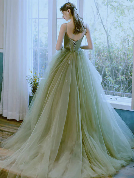 Green Tulle High Low Long Prom Dresses, Green Tulle Long Formal Evening Dresses