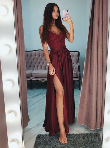 A Line V Neck Burgundy Lace Prom Dresses with Side Slit, Burgundy Lace Spaghetti Straps Graduation Dresses, Burgundy Lace Formal Dresses