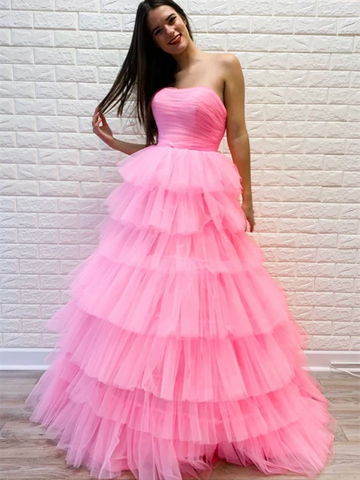 A Line Pink Sweetheart Tulle Long Prom Dresses, Pink Sweetheart Tulle Long Formal Evening Dresses