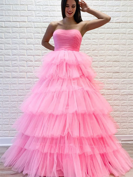 A Line Pink Sweetheart Tulle Long Prom Dresses, Pink Sweetheart Tulle Long Formal Evening Dresses