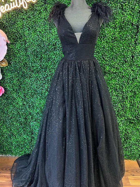 Shiny Tulle A Line V Neck Pink/Black/Purple Long Prom Dresses with High Slit, Long Pink/Black/Purple Formal Graduation Evening Dresses