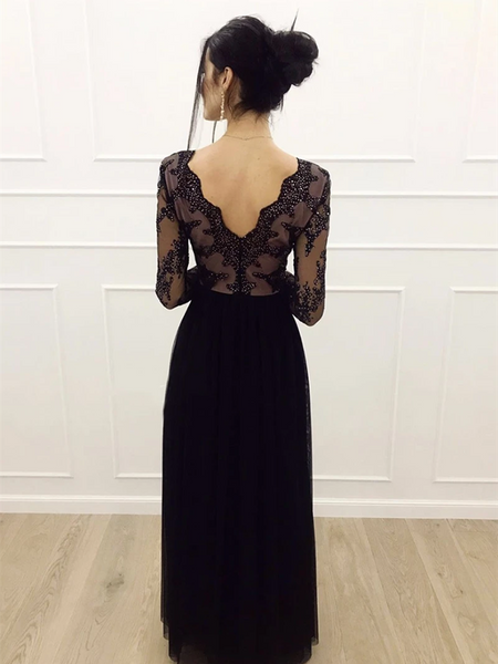 Black V Neck Tulle Long Sleeves Prom Dresses, Long Sleeves Black Long Formal Evening Dresses