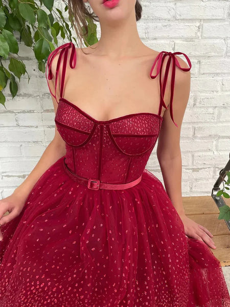 Pretty Sweetheart Neck Burgundy Layered Tea Length Prom Dresses, Burgundy Homecoming Dresses, Formal Evening Dresses