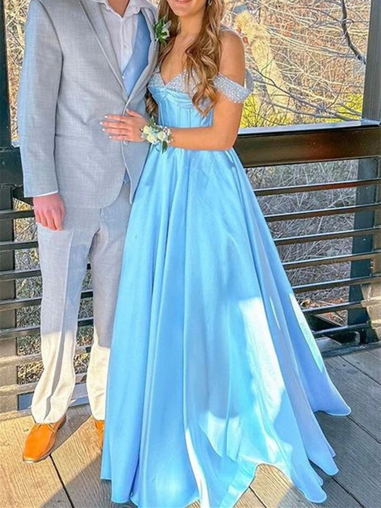 Off the Shoulder Beaded Light Blue Satin Long Prom Dresses, Light Blue morievent Off the Shoulder Beaded Light Blue Satin Long Prom Dresses, Light Blue morievent