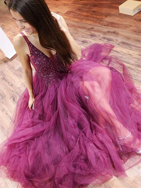 A Line V Neck Purple Tulle Long Prom Dresses With Beaded, Purple Beaded Long Formal Evening Dresses