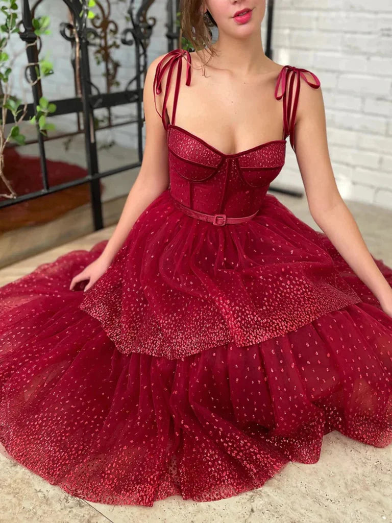 Pretty Sweetheart Neck Burgundy Layered Tea Length Prom Dresses, Burgu morievent Pretty Sweetheart Neck Burgundy Layered Tea Length Prom Dresses, Burgu morievent