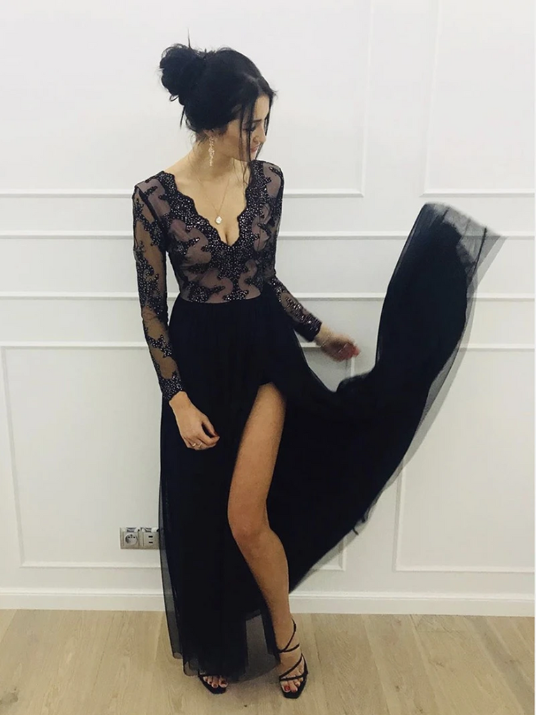 Black V Neck Tulle Long Sleeves Prom Dresses, Long Sleeves Black Long morievent Black V Neck Tulle Long Sleeves Prom Dresses, Long Sleeves Black Long morievent