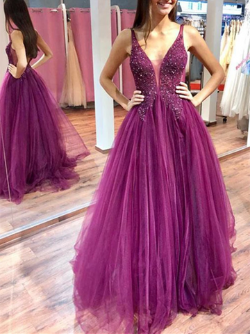 A Line V Neck Purple Tulle Long Prom Dresses With Beaded, Purple Beaded Long Formal Evening Dresses
