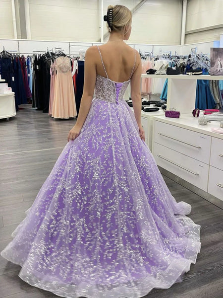 Sweetheart Neck Open Back Purple Lace Long Prom Dresses, Purple Lace Formal  Evening Dresses