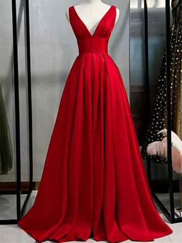 Red V Neck Satin Long Prom Dresses, Simple Red Long Formal Evening Dresses