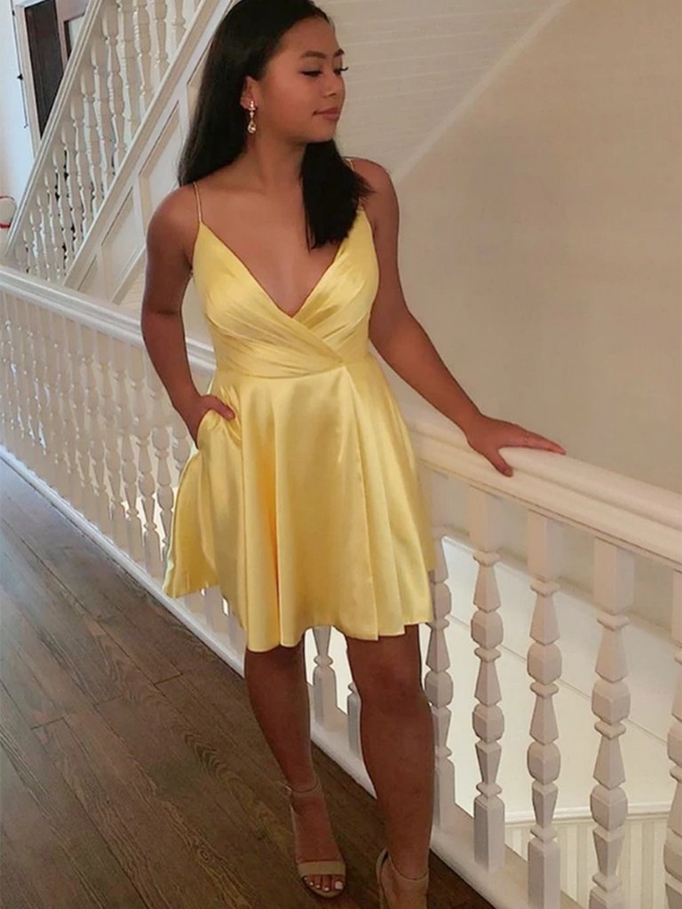 V Neck Yellow Satin Short Prom Dresses, Homecoming Dresses, V Neck Yel morievent V Neck Yellow Satin Short Prom Dresses, Homecoming Dresses, V Neck Yel morievent