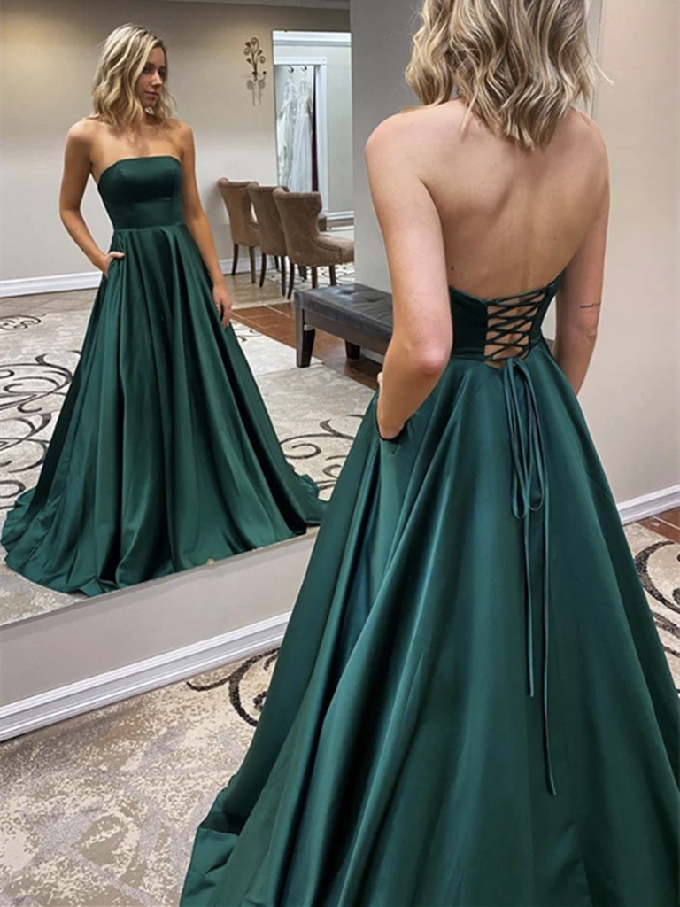 A Line Strapless Green Satin Long Prom Dresses, Simple Green Formal Ev morievent A Line Strapless Green Satin Long Prom Dresses, Simple Green Formal Ev morievent
