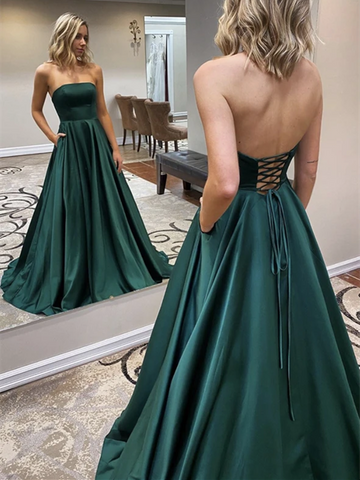 A Line Strapless Green Satin Long Prom Dresses, Simple Green Formal Evening Party Dresses