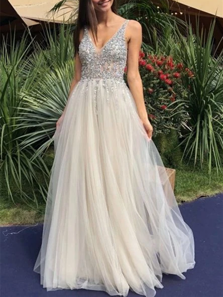 ivory beaded prom dress Backless Beaded-Print Designer Prom Dress with Slit Ivory / 14