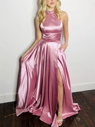 Pink High Neck Satin Long Prom Dresses, Pink Long Formal Evening Dresses