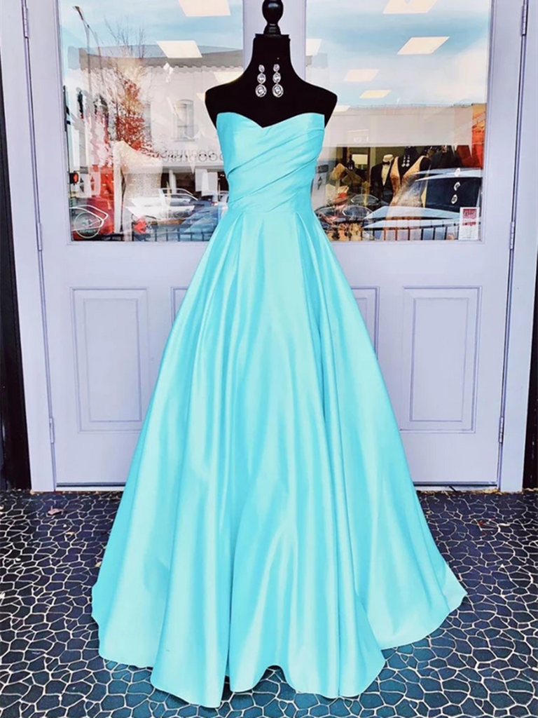 A Line Strapless Tube Top Blue Satin Long Prom Dresses, Blue Satin Long Formal Evening Dresses