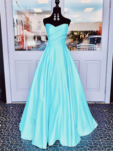 A Line Strapless Tube Top Blue Satin Long Prom Dresses, Blue Satin Long Formal Evening Dresses