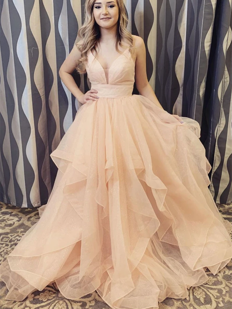 V Neck Champagne Tulle Long Prom Dresses, V Neck Champagne Tulle Long morievent V Neck Champagne Tulle Long Prom Dresses, V Neck Champagne Tulle Long morievent