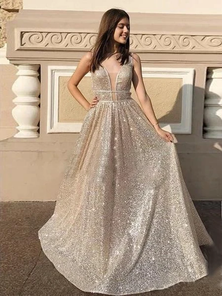 Sparkly Champagne V Neck Long Prom Dresses Shiny Champagne Prom