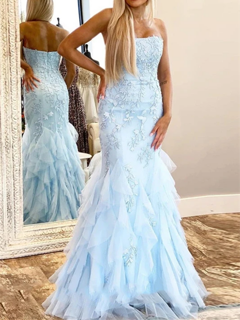 Strapless Mermaid Blue Lace Long Prom Dresses, Blue Mermaid Lace Formal Evening Party Dresses