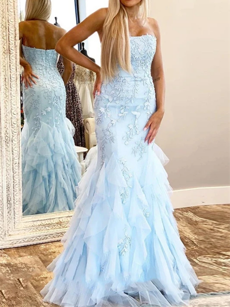 Strapless Mermaid Blue Lace Long Prom Dresses, Blue Mermaid Lace Forma morievent Strapless Mermaid Blue Lace Long Prom Dresses, Blue Mermaid Lace Forma morievent