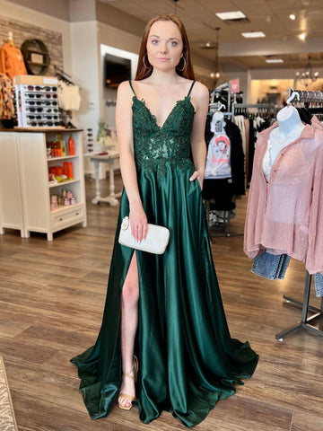 V Neck Green Lace Long Prom Dresses with High Slit, Green Lace Formal Dresses, Green Evening Dresses