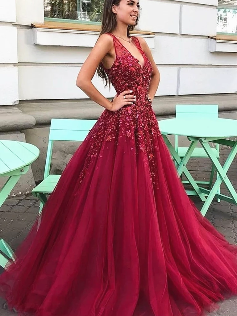 A-line V neck 3/4 Sleeve Elegant Long Prom Dresses Beaded Evening Form –  SELINADRESS