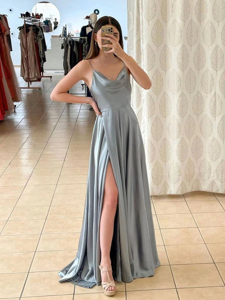 Simple Gray A Line Satin Long Prom Dresses, Gray Long Formal Dresses