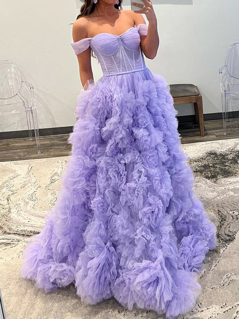 A Line Off The Shoulder Ruffle Layers Lavender Long Prom Dress, Off Sh morievent A Line Off The Shoulder Ruffle Layers Lavender Long Prom Dress, Off Sh morievent