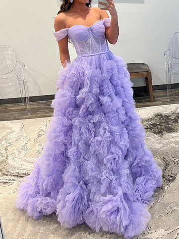 A Line Off The Shoulder Ruffle Layers Lavender Long Prom Dress, Off  Shoulder Purple Tulle Long Formal Evening Dresses