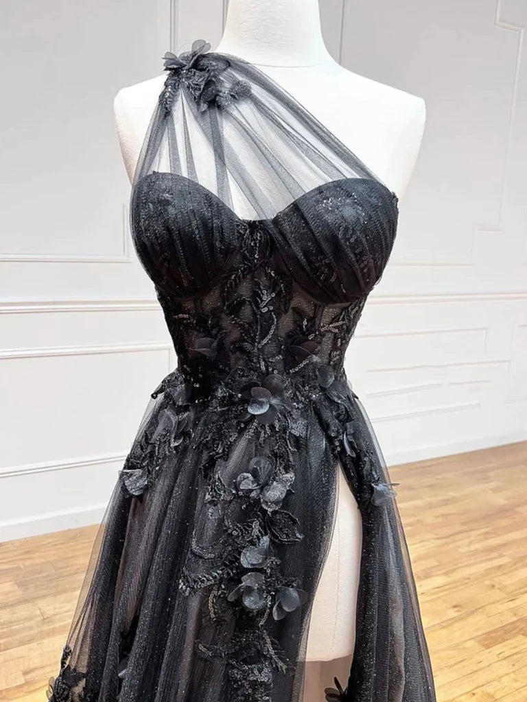 One Shoulder Black Lace Floral Long Prom Dresses with High Slit, One S morievent One Shoulder Black Lace Floral Long Prom Dresses with High Slit, One S morievent