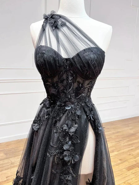One Shoulder Black Lace Floral Long Prom Dresses with High Slit, One Shoulder Black Formal Dresses with 3D Flowers, Black Evening Dresses