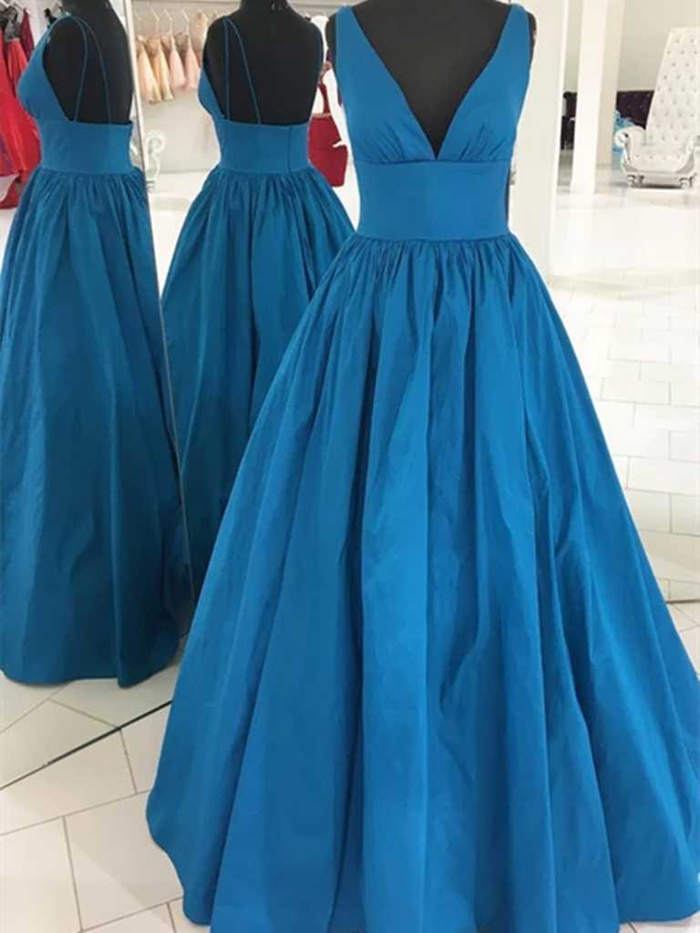 A Line V Neck Blue Long Prom Dresses, Blue Long Formal Evening Graduation Dresses