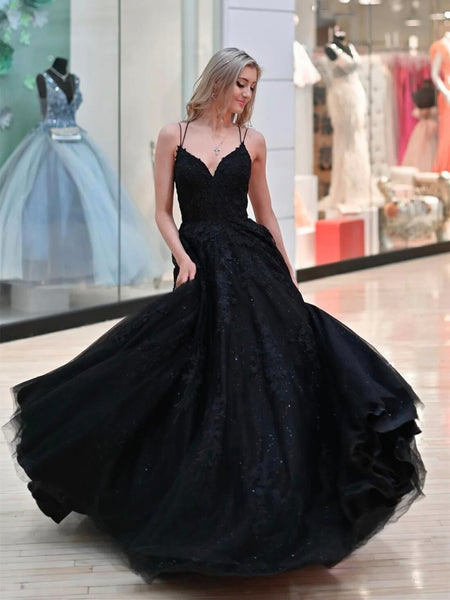 V Neck Black Tulle Lace Open Back Long Prom Dresses, A Line Backless E