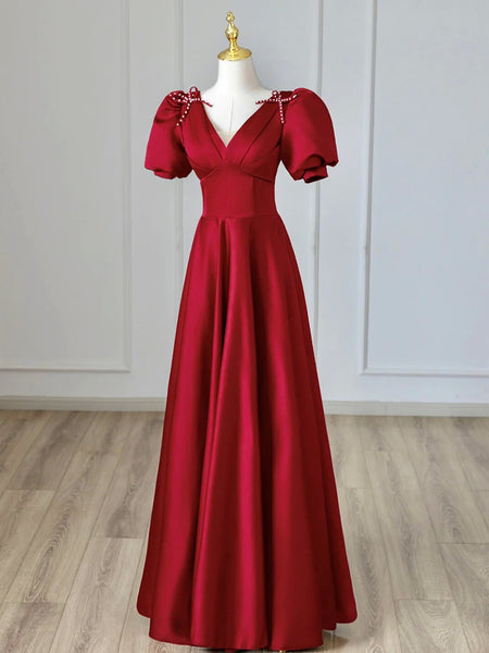 V Neck Burgundy Satin Long Prom Dress, Burgundy Formal Evening Dress