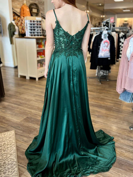 V Neck Green Lace Long Prom Dresses with High Slit, Green Lace Formal Dresses, Green Evening Dresses