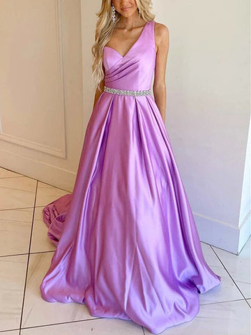 One Shoulder Purple Satin Long Prom Dress with Belt, Long Purple Formal Graduation Evening Dress