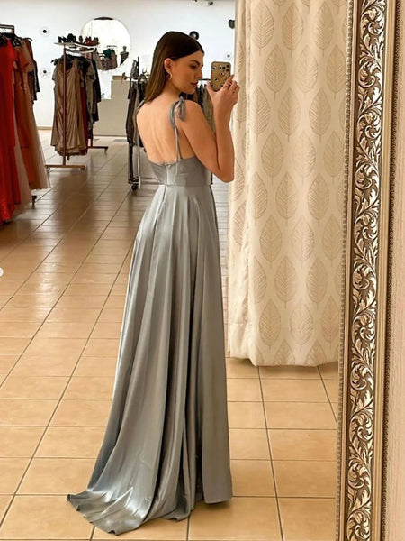 Simple Gray A Line Satin Long Prom Dresses, Gray Long Formal Dresses
