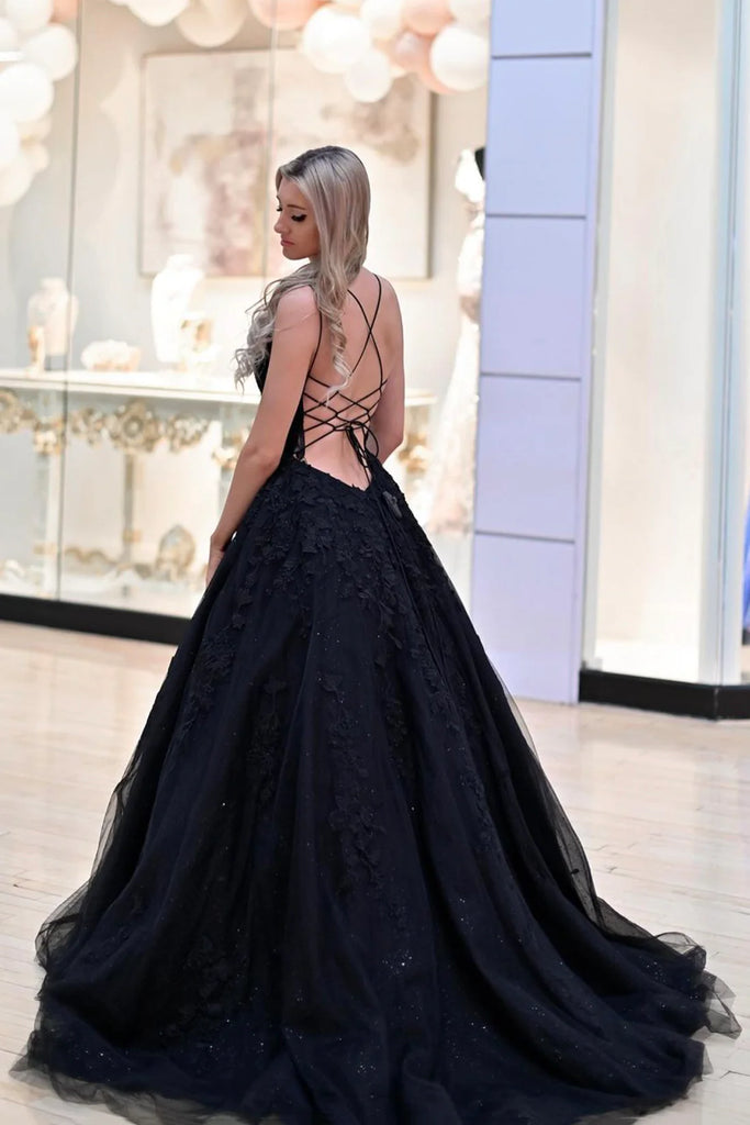 V Neck Black Tulle Lace Open Back Long Prom Dresses A Line Backless Evening Party Dresses