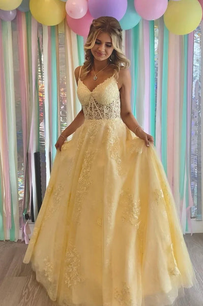 V Neck Yellow Lace Tulle Long Prom Dresses, Yellow Lace Formal Evening Dresses