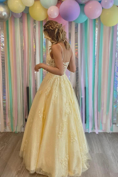 V Neck Yellow Lace Tulle Long Prom Dresses, Yellow Lace Formal Evening Dresses